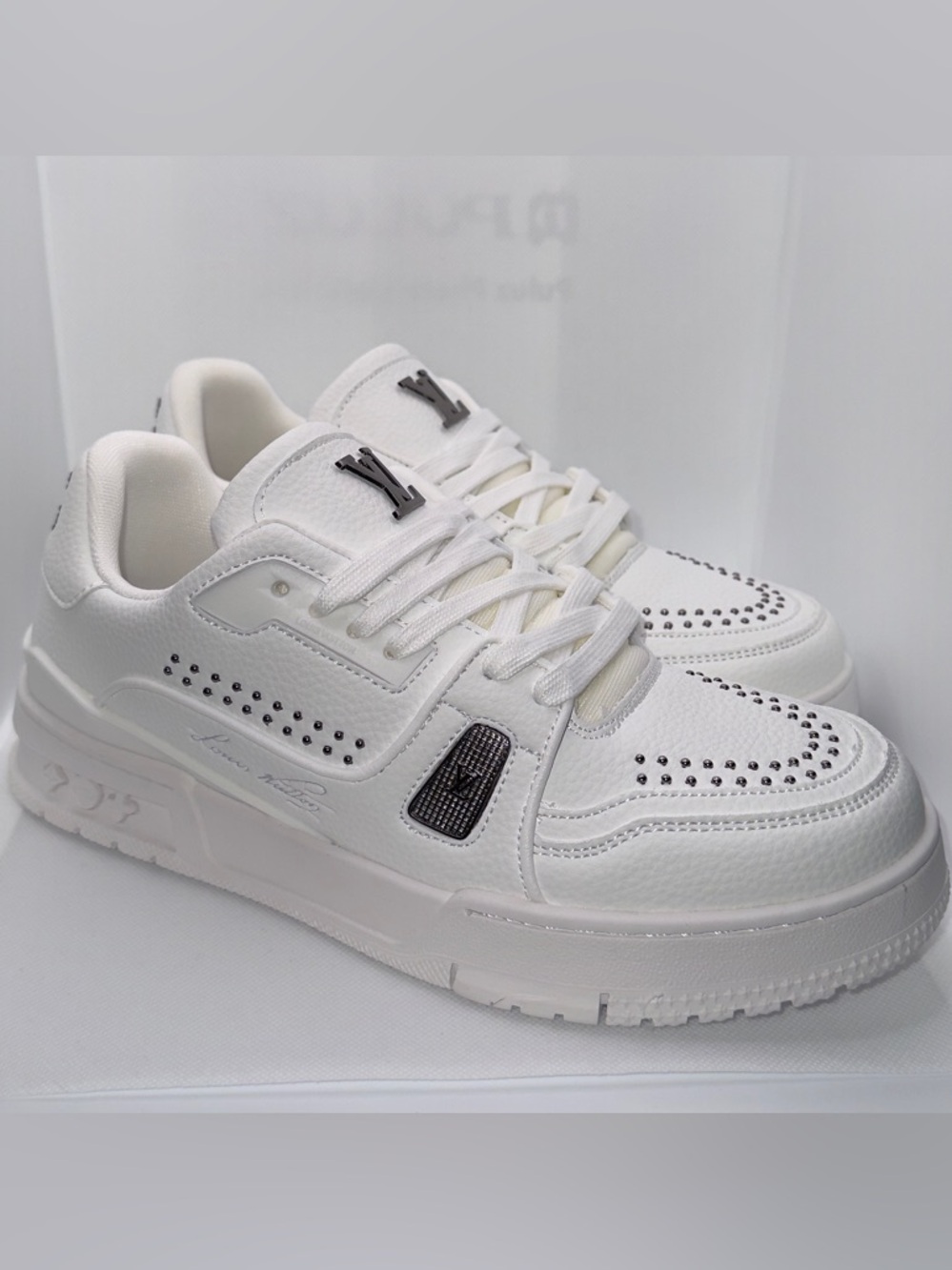 Louis Vuitton White Leather Men's Studded LV Logo Sneakers